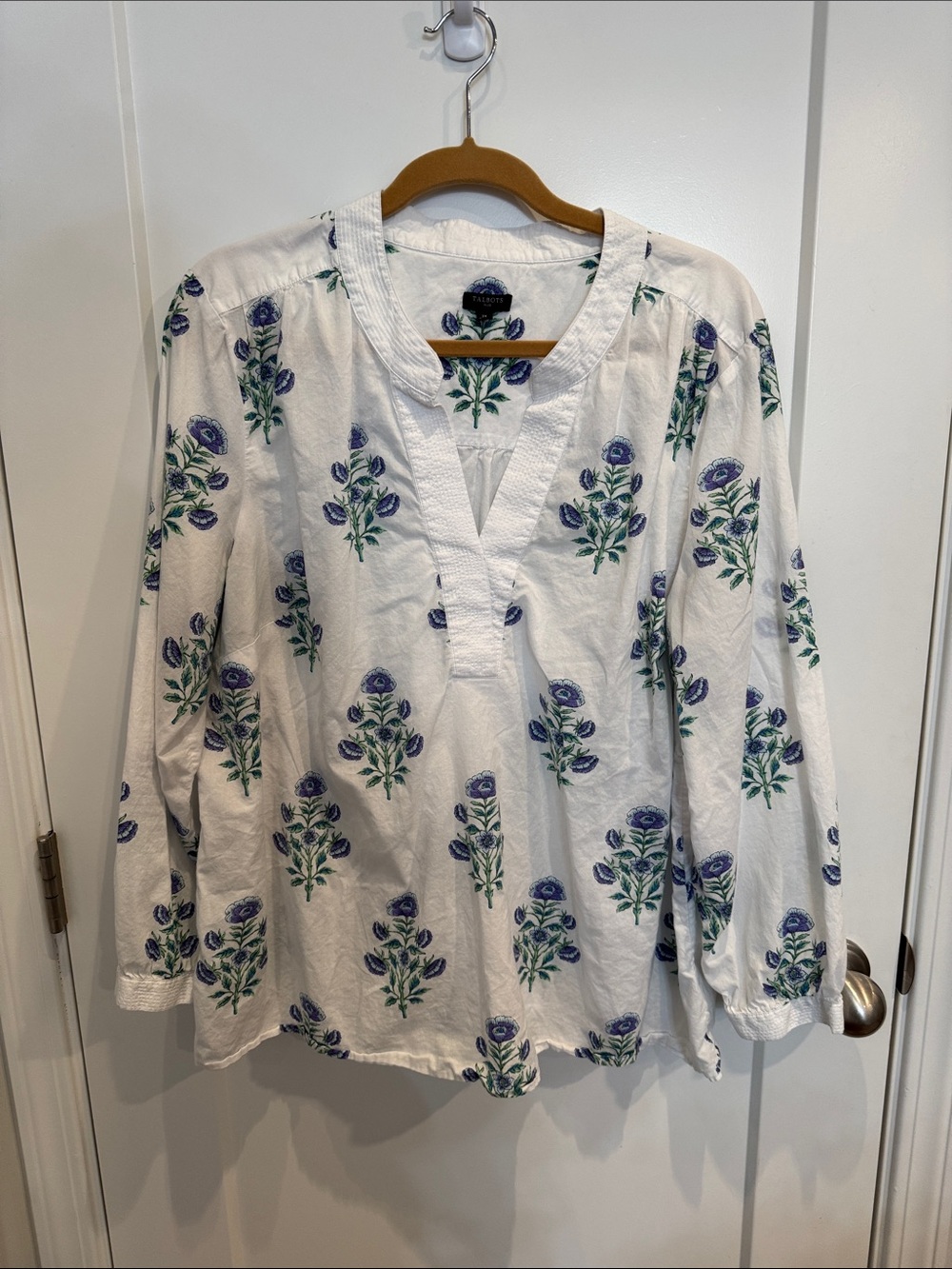 Talbots White Shirt with Blue and Green Floral Print